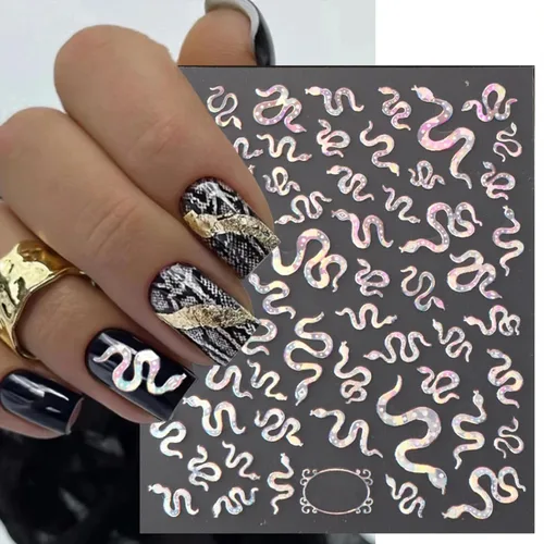 Miniatura 3 de 8 hojas de calcomanías de arte de uñas Aurora para mujeres, niños y niñas, láser de estrella plateada, serpiente, flor, conejo, corazón, diseño