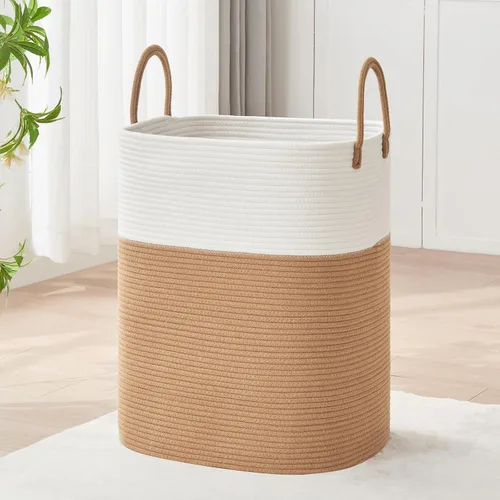 Miniatura 15 de AINUOQI Cesta de Ropa Sucia Grande Cesta de Lavandería con Asas de Cuero, Cesta de Almacenamiento Decorativa de Cuerda de Algodón Tejida para Yute