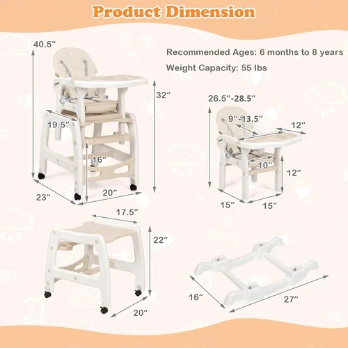 Miniatura 7 de INFANS 5 en 1 Silla Alta para Bebé, Juego de Silla y Mesa Convertible para Niños, Silla Mecedora, Asiento Multifuncional con Ruedas Universales Beige