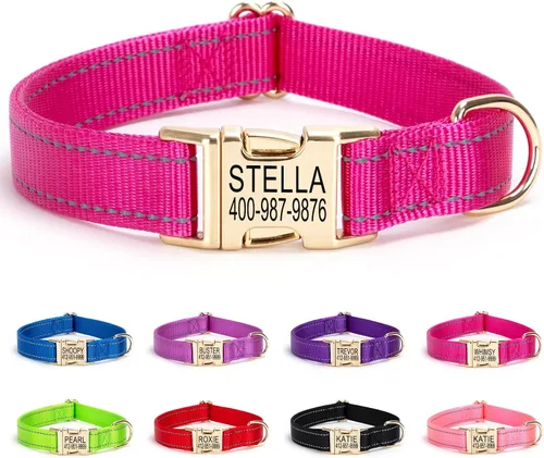 Miniatura 21 de Collar de perro personalizado con etiqueta de nombre, collar de nailon reflectante para mascotas, collares de perro con hebilla grabada Rosa