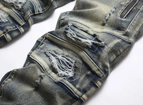 Miniatura 4 de XIMXIMMTIAN Jeans rectos de motociclista para hombre, desgastados, desgastados, ajustados, rectos