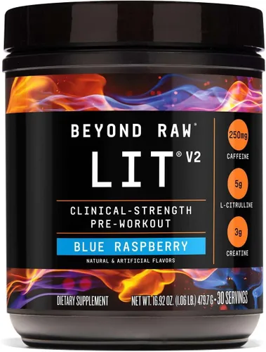 BEYOND RAW LIT V2 - Polvo de entrenamiento de fuerza clínica, golpea más duro, bombas más grandes, cafeína, L-citrulina, creatina, frambuesa azul,