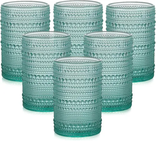 Miniatura 23 de ZMOWIPDL Juego de vasos de vidrio vintage de 6 vasos de vidrio de hobnail de 15 onzas, vaso de agua azul en relieve, para cerveza, cóctel, whisky