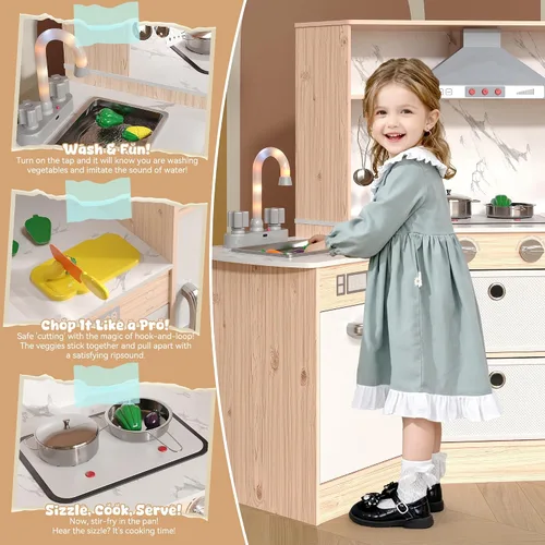 Miniatura 4 de BVIUNTWO Juego de juguetes de cocina, juego de cocina de madera para niños con luces y sonidos reales, fregadero, estufa, horno, máquina de hielo