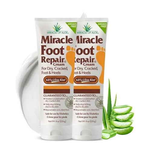 Crema Miracle Foot Repair (8 onzas / Pack de 2) repara talones y pies secos y agrietados, 60% aloe ultra puro hidrata, suaviza y repara