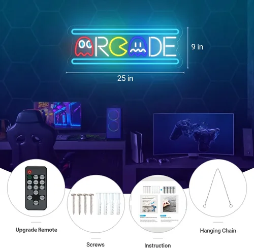 Miniatura 6 de Letrero de neón de arcade, retro fantasma, juego de arcade, letrero de luz de neón LED, regulable, lámpara nocturna 3D hecha a mano