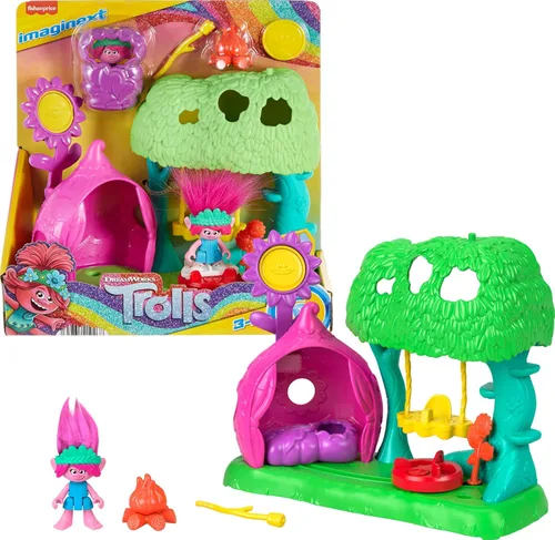 Fisher-Price Imaginext DreamWorks Trolls Toys Flower Fun - Juego de campamento con figura de amapola para juegos de simulación para niños a partir