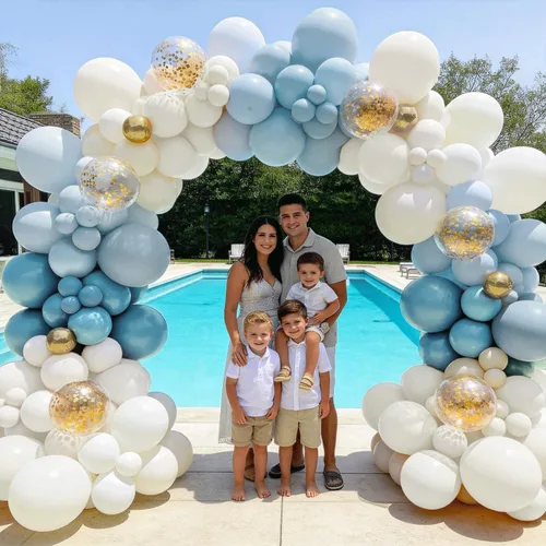 Miniatura 7 de Dusty Blue Balloon Arch Kit， Baby Blue and gold Balloon Sand White Confetti Gold Balloons for Baby Shower Beach Party Birthday Wedding Decorations