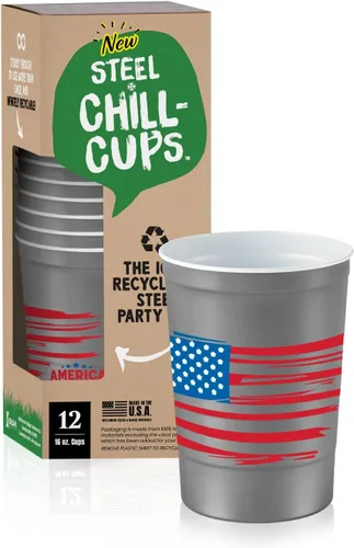 Steel Chill Cups Party Cup America the Beautiful Design para bebidas frías, duradero, desechable, reciclable, fabricado en Estados Unidos, gris, 12