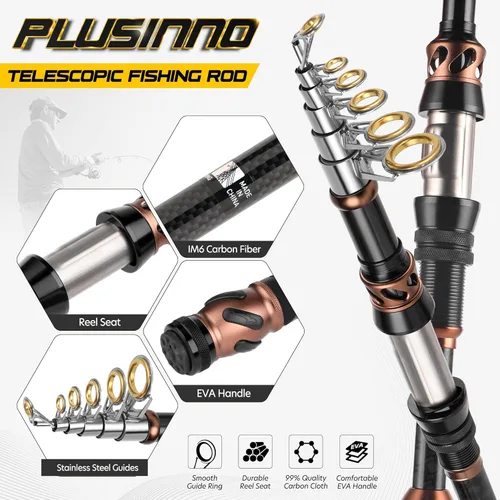 Miniatura 3 de PLUSINNO Combo de Caña de Pescar y Carrete - Caña Telescópica de Fibra de Carbono - Carrete Giratorio con 12 +1 Rodamientos Blindados de Acero