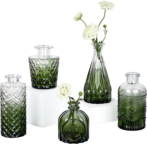 Miniatura 17 de TBWIND Juego de 12 jarrones de cristal verde, pequeños jarrones para flores, florero para centros de mesa a granel, mini jarrón vintage