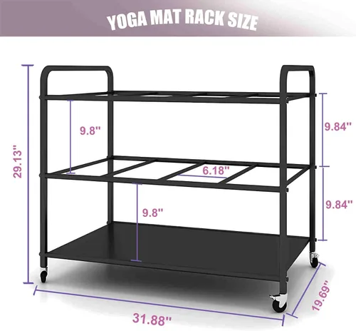 Miniatura 5 de Estante de almacenamiento para esterilla de yoga, equipo de entrenamiento, gimnasio en casa, estante de almacenamiento con ruedas, soporte para Negro