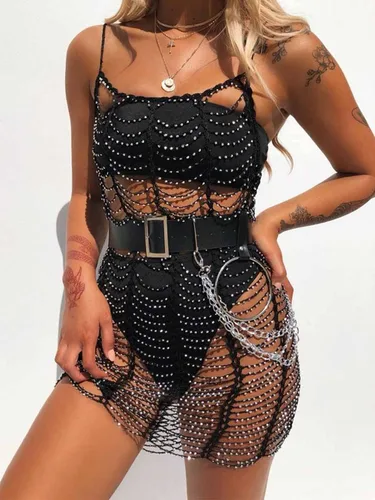 Salliy Conjunto de cadena de bikini de diamantes de imitación bohemios, cadenas de malla sexys, brasier de verano, joyería corporal para mujeres y