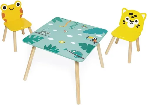 Miniatura 2 de Janod - Mesa Tropik de Madera y 2 Sillas - Mueble Infantil - Mesa: 21,65 x 21,65" - 1 Silla Jaguar y Rana - Pinturas a Base de Agua - 3 Años + J08273
