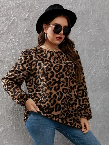 Miniatura 4 de OYOANGLE Blusa de manga larga con estampado de leopardo para mujer, talla grande, blusa suelta