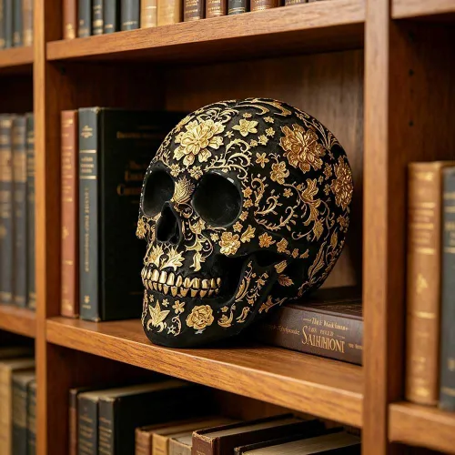 Miniatura 2 de CUZOKOLA - Decoración gótica de calavera dorada más grande para decoración del hogar, escultura de calavera falsa de Halloween, figura de esqueleto