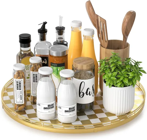 Miniatura 51 de Marble Lazy Susan - Tocadiscos para mesa, bandeja redonda de mármol de grano de madera antigua de 10 pulgadas para mesa de comedor, encimera de Negro