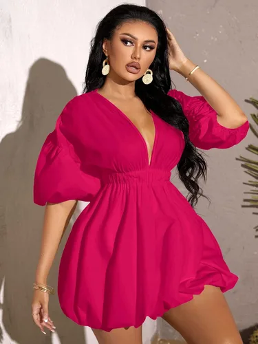 Miniatura 4 de WDIRARA Vestido de cintura elástica con cuello en V profundo y manga abombada para mujer