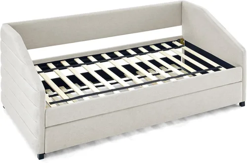 Miniatura 7 de Flieks Sofá cama tapizado de tamaño individual con nido, sofá cama tapizado de tela de lino, cama nido con ruedas y marco de madera, no necesita