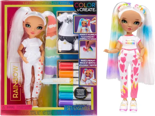 Miniatura 9 de Rainbow High Muñeca de moda DIY para crear con acuarelas y crear con kit de tie-dye lavable, ojos verdes, cabello largo y liso, top y zapatos