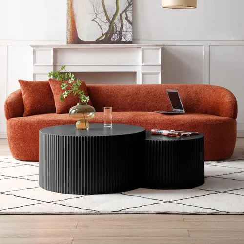 Miniatura 6 de Juego de 2 mesas de centro redondas negras de 55.12 pulgadas, mesa lateral moderna para sala de estar, diseño contemporáneo de círculo de madera