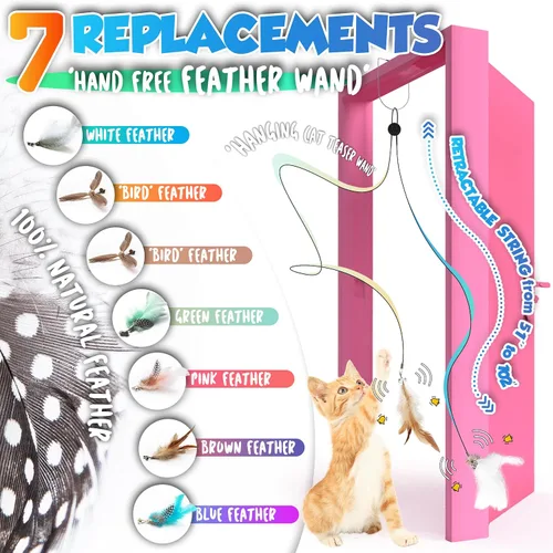 Miniatura 3 de Juguetes retráctiles de plumas para gatos, 7 piezas de repuesto con campana, juguetes interactivos para colgar en la puerta, juguetes para gatos