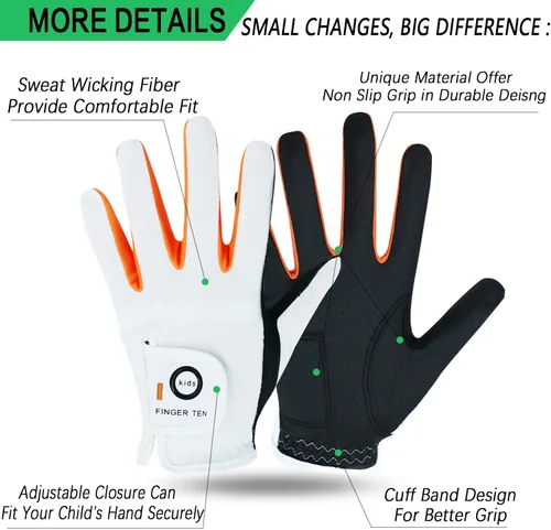 Miniatura 2 de FINGER TEN Guantes de golf para niños y niñas, mano izquierda y derecha, Dura Feel blanco, azul, rojo, amarillo, guantes de golf de valor extra