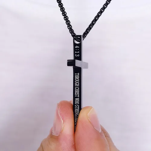 Miniatura 5 de Collar de cruz para hombre, regalo de Navidad, colgante de cruz, versículo bíblico, collares de acero inoxidable