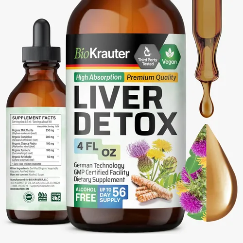 BIO KRAUTER® Desintoxicación y reparación de limpieza del hígado* - Soporte hepático líquido vegano con cardo mariano, chanca piedra, cúrcuma, raíz