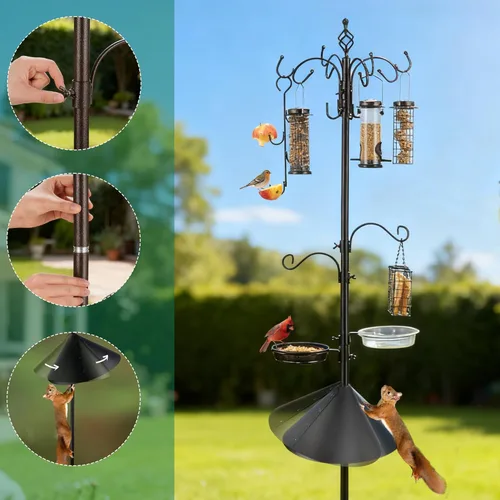 Miniatura 2 de Kit de estación de alimentación para pájaros con polea anti-ardilla, poste para comedero con jaula para sebo, bandeja de malla, gancho para frutas