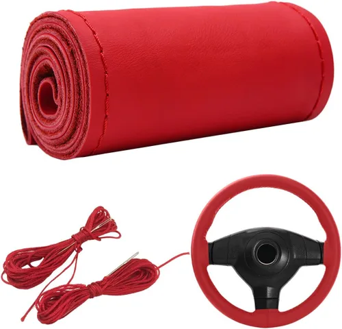 Miniatura 15 de Dickno Funda para volante de automóvil, protector de volante antideslizante con costura envolvente para diámetro máximo de 15 pulgadas, costura DIY