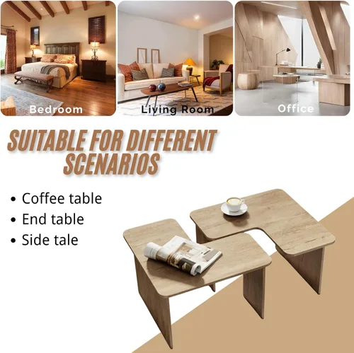 Miniatura 5 de Juego de 2 mesas de centro anidables modernas, de madera natural, en forma de L, para sala de estar, mesa auxiliar pequeña con mesa central ligera
