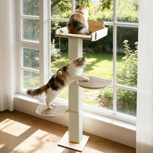 Miniatura 11 de Percha para ventana de gato con poste rascador de sisal grueso, hamaca para gatos para ventana, poste rascador ajustable de 53.5 pulgadas para gatos