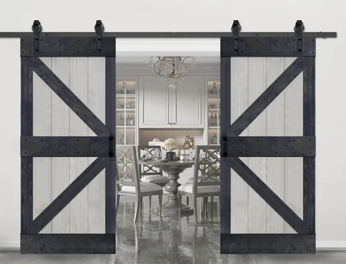 Miniatura 29 de Serie K de 60 x 84 pulgadas (30 x 84 pulgadas x 2 paneles) Puerta corredera clásica de madera maciza con acabado de nogal con riel de herrajes