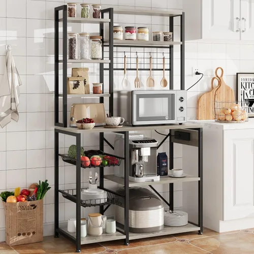 Miniatura 8 de IDEALHOUSE Estante para panaderos con toma de corriente, soporte para microondas con 2 cajones de alambre, estación de barra de café industrial