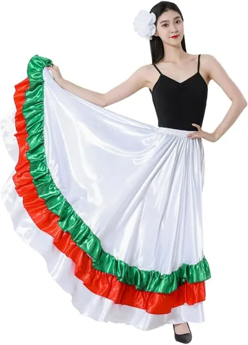Miniatura 7 de Falda larga de baile para adultos, color negro, rojo, verde, falda folklórica para disfraz de Halloween flamenco mexicano