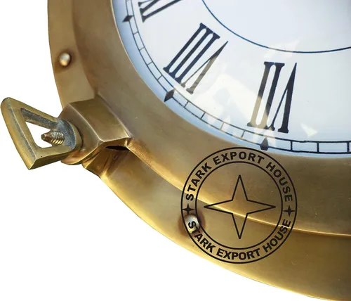 Miniatura 5 de Navegación náutica antigua Navegación marina de latón ojo de buey reloj de pared de latón macizo 15 pulgadas mejor para regalo (K RY)