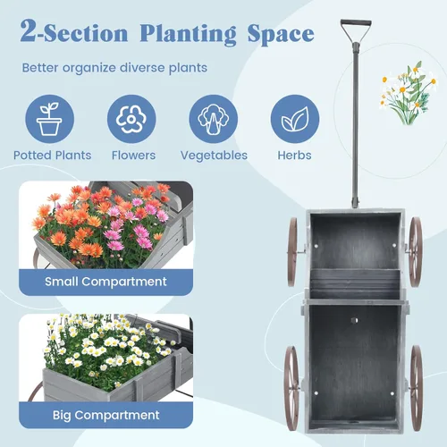 Miniatura 3 de Giantex Maceta decorativa para jardín, carrito pequeño con ruedas de metal, camas elevadas de madera, soporte para macetas para patio trasero, Gris
