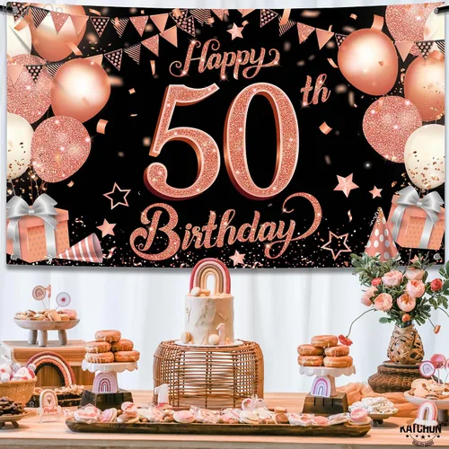 Miniatura 7 de KatchOn, Cartel de cumpleaños número 50 de oro rosa – Xtragrande de 72 x 44 pulgadas Decoraciones de cumpleaños 50 para mujer Cartel Hbd