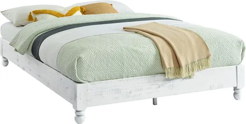 Miniatura 4 de MUSEHOMEINC Base de cama de plataforma de madera maciza, estilo rústico, base de colchón (no necesita somier), acabado blanco lavado, tamaño Queen