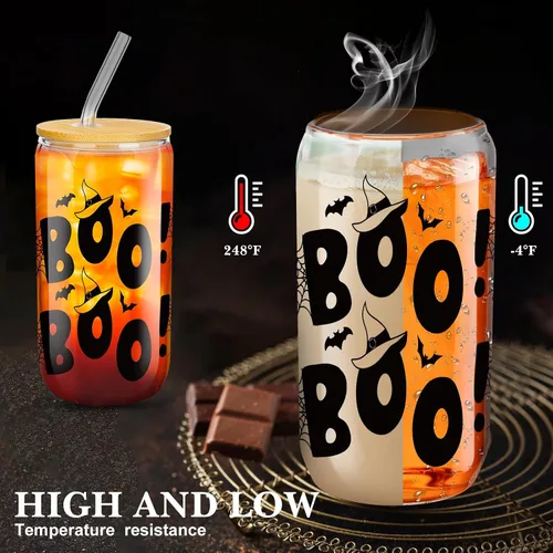 Miniatura 3 de meekoo 6 tazas de vidrio de Halloween de 16 onzas, tazas de café helado, calabazas, murciélagos, fantasmas, vasos de cerveza con tapas y pajitas