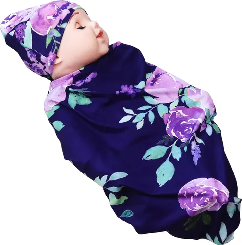 Manta de envolver para recién nacido con juego de gorro, manta elástica suave para bebés niños y niñas de 0 a 3 meses (flor morada)