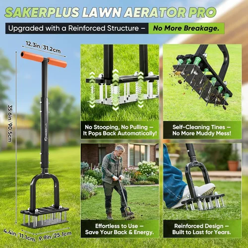 Miniatura 2 de Sakerplus Herramienta aireadora de césped, aireador de césped con púas autolimpiantes de retorno automático, almohadilla cómoda antifatiga, juntas