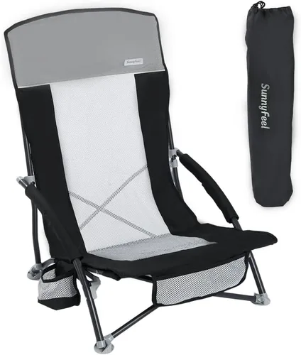 SUNNYFEEL Silla de playa baja – Sillas de playa plegables con respaldo alto para adultos con portavasos y bolsillo lateral, mochila ligera silla de