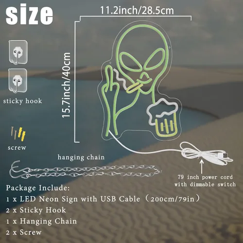 Miniatura 6 de Letrero de neón de alienígena verde, luz de neón de alienígena para barra de cerveza para decoración de pared, luces LED regulables para dormitorio