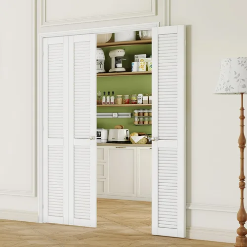 Miniatura 27 de Puerta plegable de 180 grados, para aberturas de 30 ″ x 80 ″, puerta plegable esmerilada blanca 3-Lite con bisagras, juego de herrajes para puertas