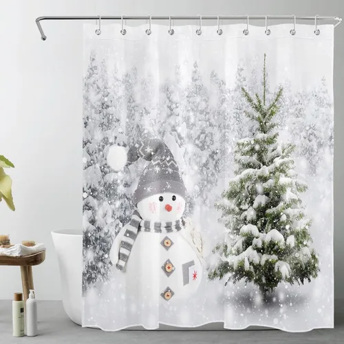 Miniatura 11 de EOBTAIN Cortina de ducha de hojas verdes de Navidad para baño, ramas de piña y abeto con bayas rojas sobre negro, cortina de ducha con 12 ganchos