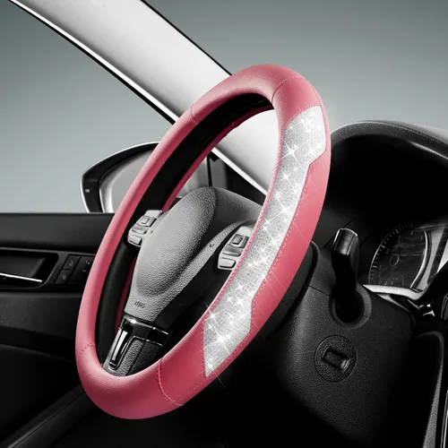 Miniatura 8 de PIC AUTO Funda para volante, purpurina de cristal brillante con cuero negro, ajuste universal de 14.5 a 15.5 pulgadas para volantes de automóvil