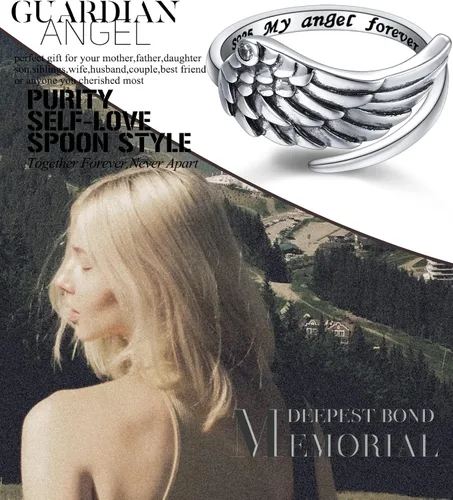 Miniatura 3 de Ladytree Alas de ángel de la guarda de plumas de plata de ley conmemorativa ajustables para el pulgar abierto, joyería para mujeres y hombres