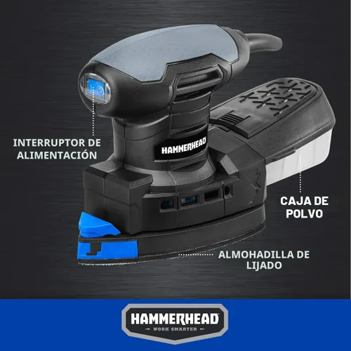 Miniatura 3 de Hammerhead Lijadora de detalles multifunción de 1.4 amperios con 12 piezas de papel de lija, sistema de recolección de polvo y accesorio de detalles